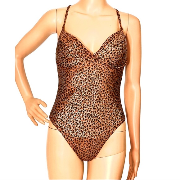 Vintage Copper Metallic Cheetah Print One Piece Swimsuit - Picture 1 of 11